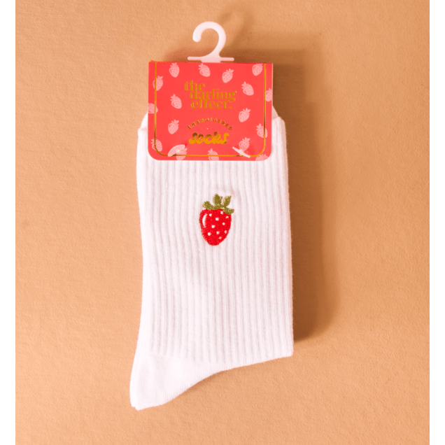 Embroidered Crew Socks - Strawberries - White Farmhouse Flowers