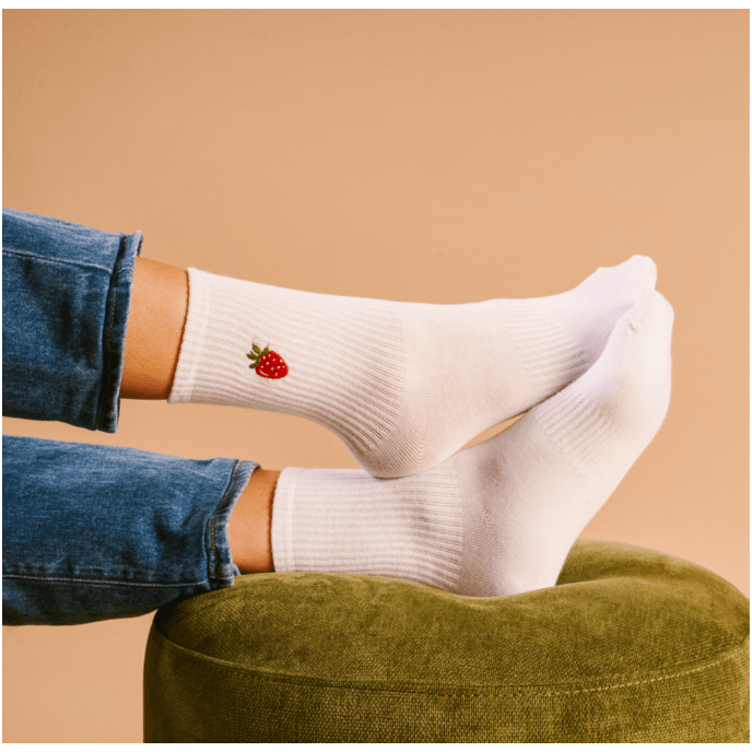 Embroidered Crew Socks - Strawberries - White Farmhouse Flowers
