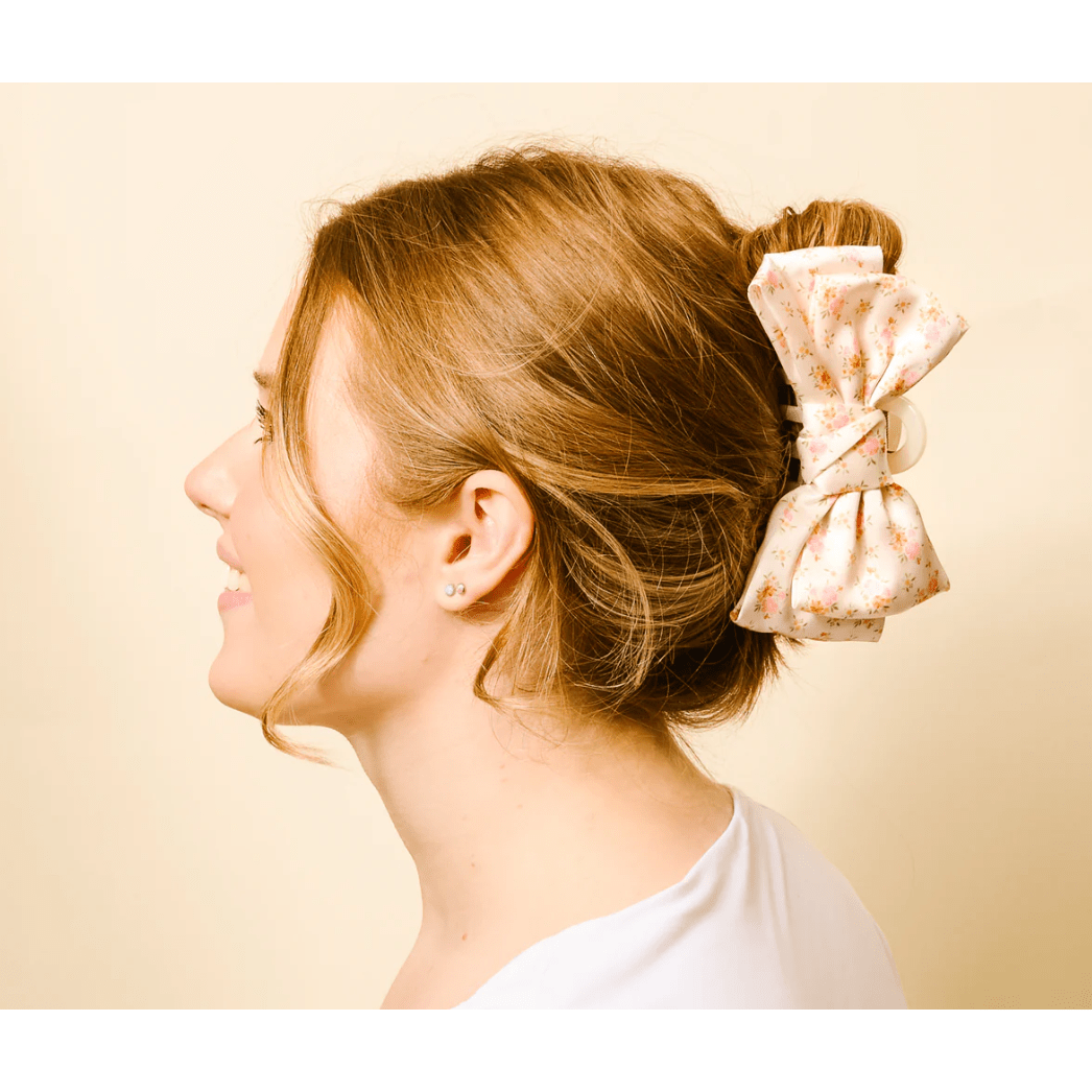 Endless Daydream Cream Satin Bow Claw Clip - White Farmhouse Flowers