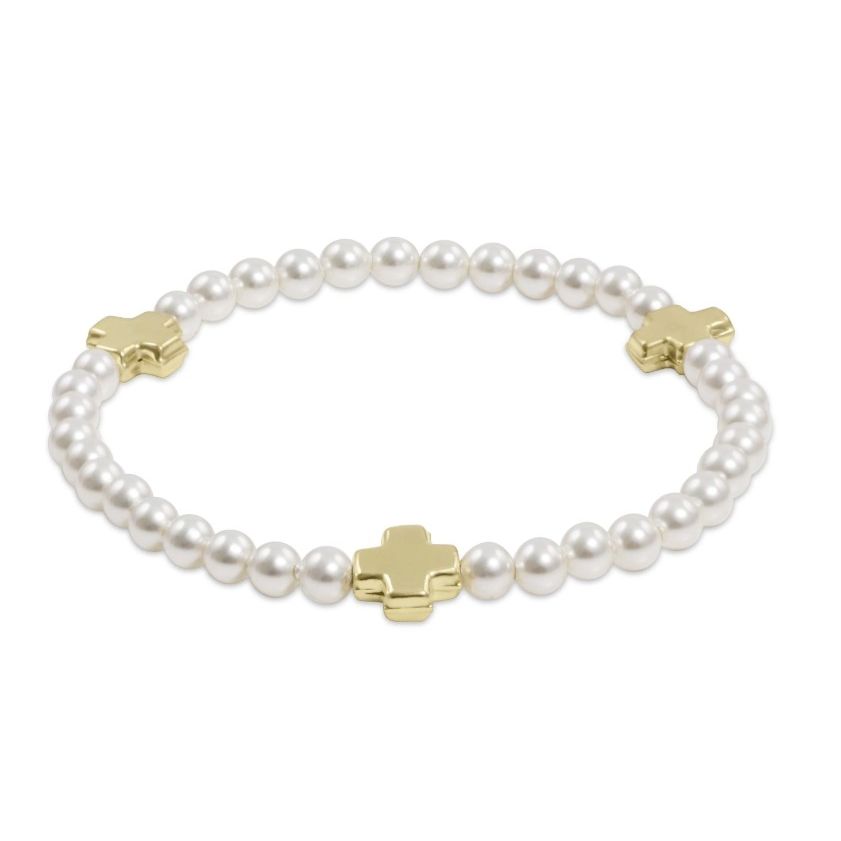 eNewton Signature Cross 4mm Pearl Bracelet - Gold - White Farmhouse Flowers