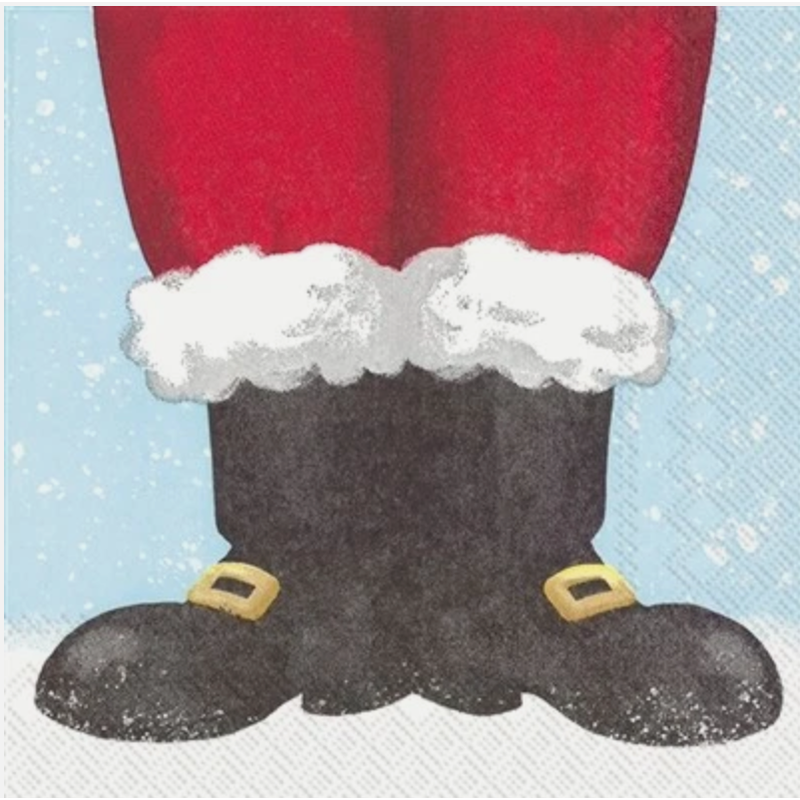 Illustration of Santa Claus's red pants and black shoes with white fur trim on a blue background.