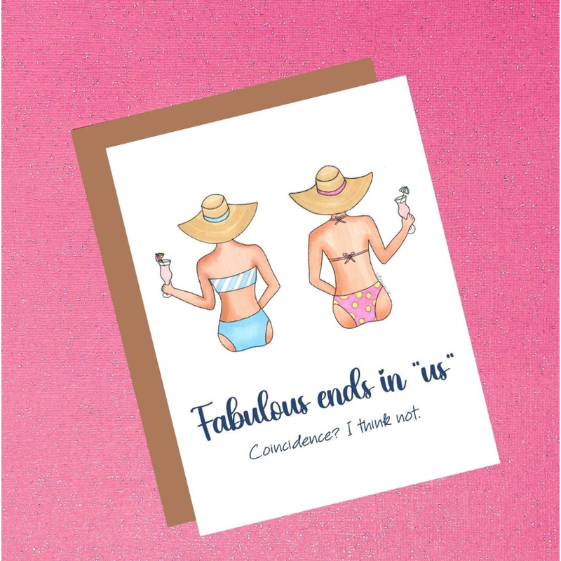 Card with two women in bikinis and hats on a pink background