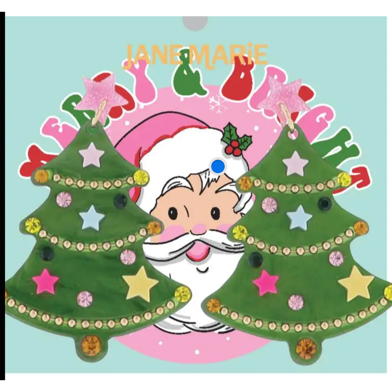 Cartoon character with Santa hat and beard between two decorated Christmas trees on a light blue background.