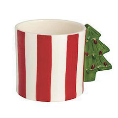 Red and white striped mug with a green Christmas tree-shaped handle on a white background