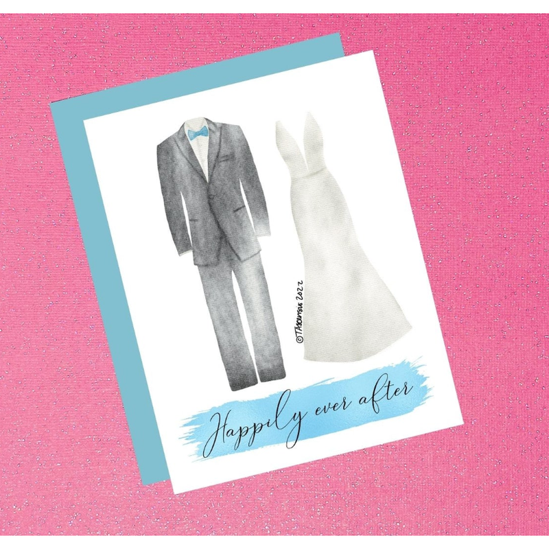 Card with wedding attire illustration and 'Happily ever after' text on a pink background