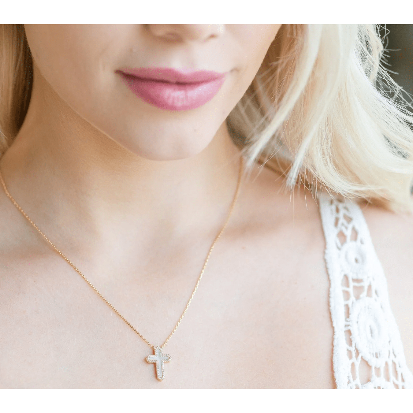 Feel the Faith Shell Pave Cross Necklace - White Farmhouse Flowers