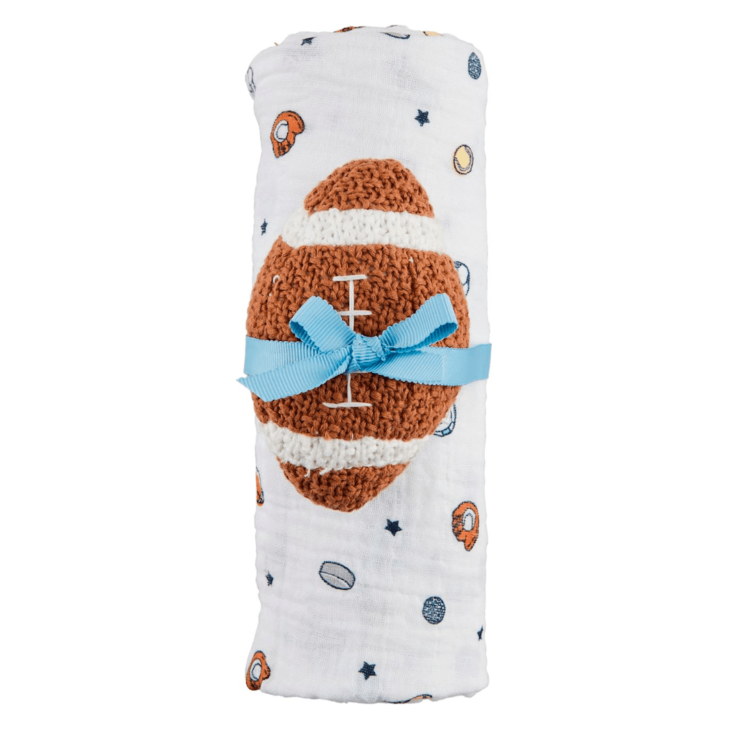 Football Swaddle & Rattle Set - White Farmhouse Flowers