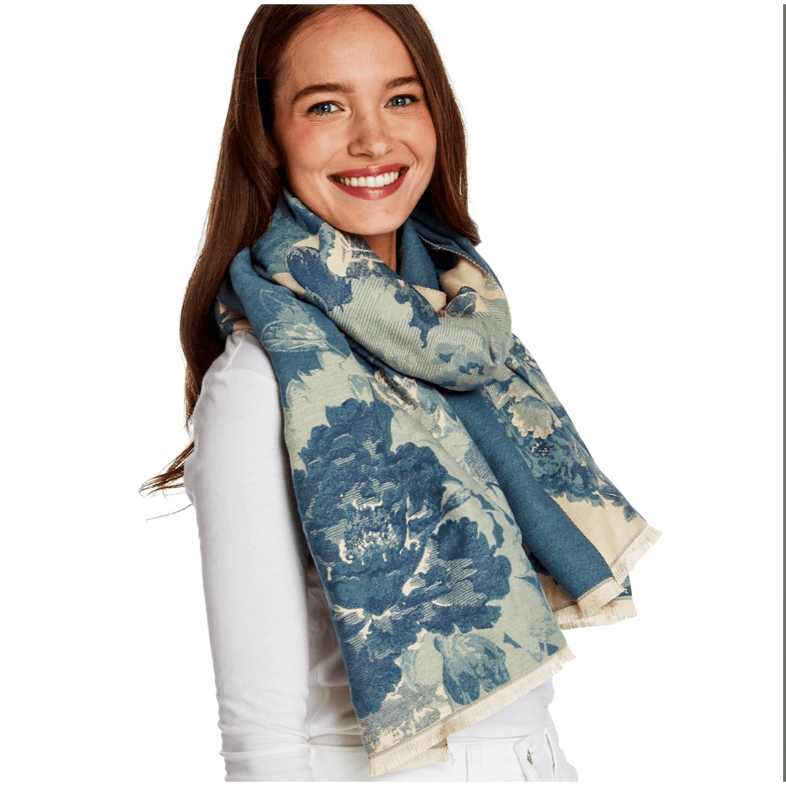 Gallery Floral Motif Double Sided Softer than Cashmere Shawl - White Farmhouse Flowers