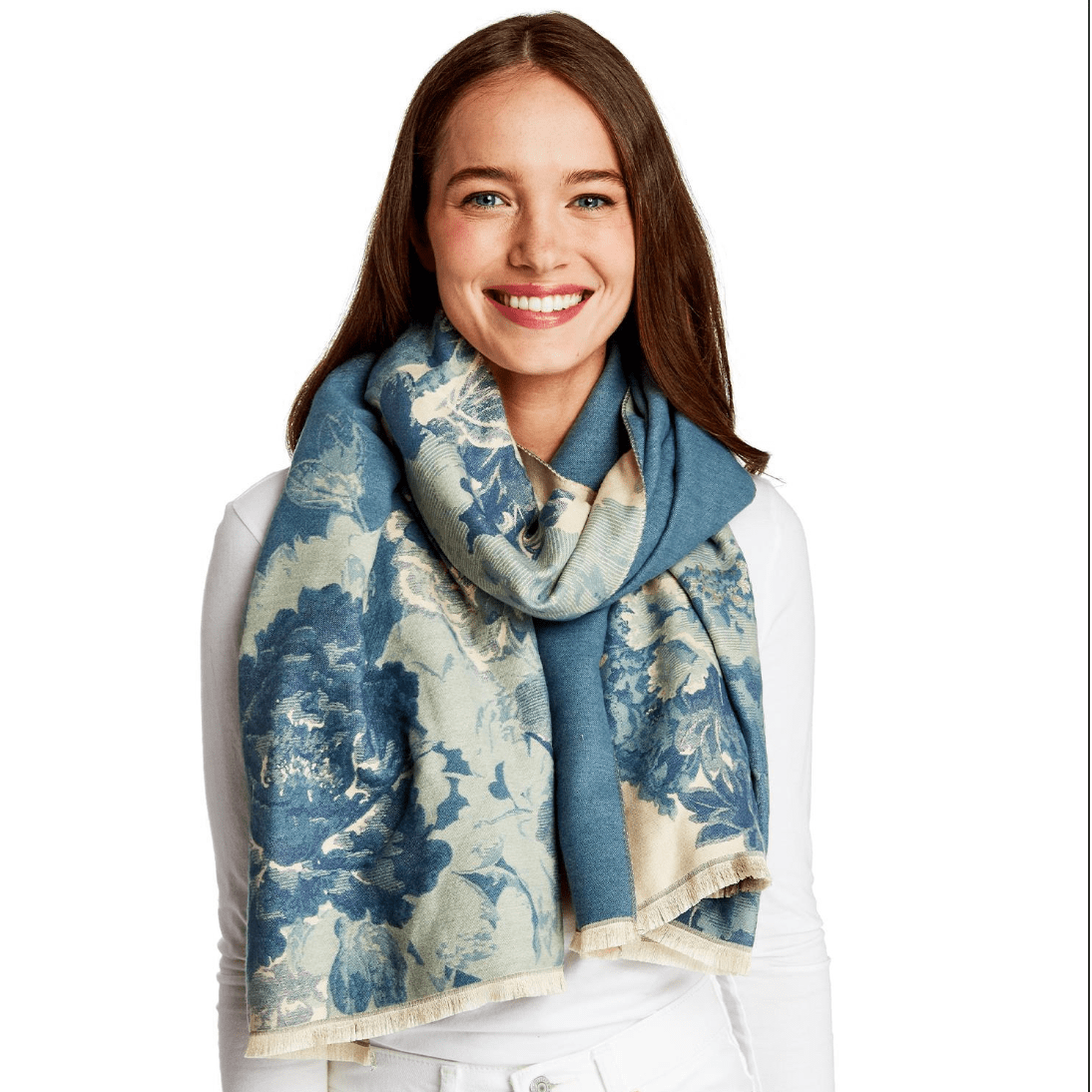Gallery Floral Motif Double Sided Softer than Cashmere Shawl - White Farmhouse Flowers