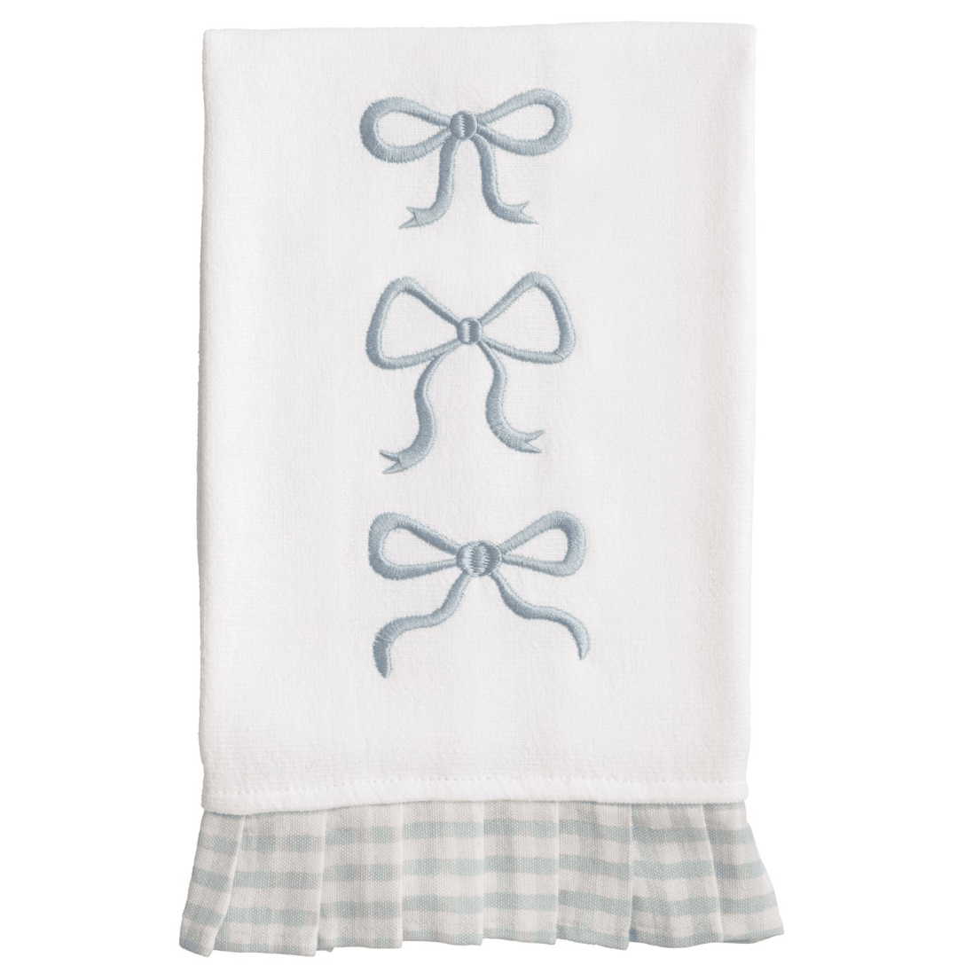 Gingham Pleated Edge Towel with Blue Bows - White Farmhouse Flowers