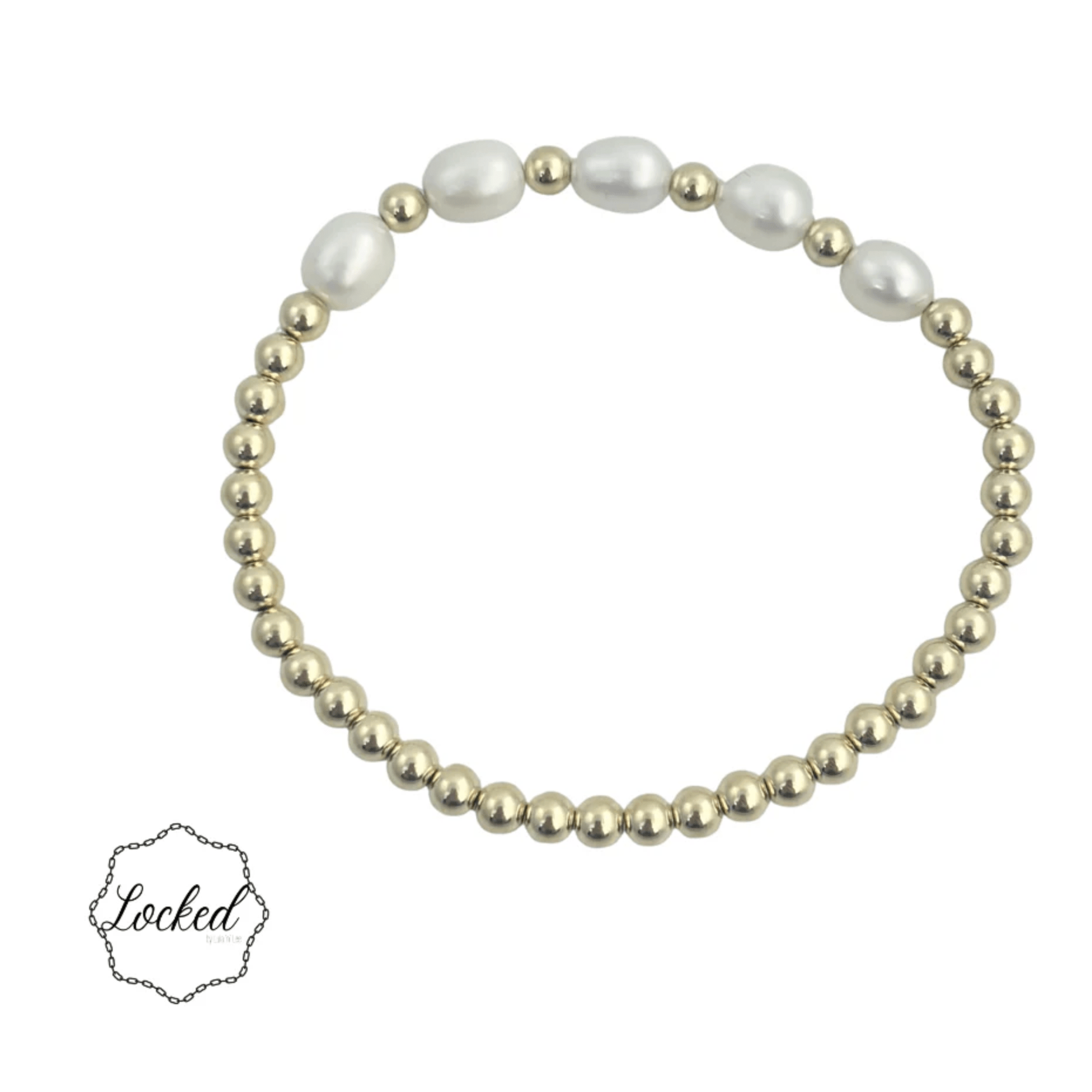Gold Filled and Fresh Water Pearl Patterned Bracelet (5 Pearls + Gold) - White Farmhouse Flowers