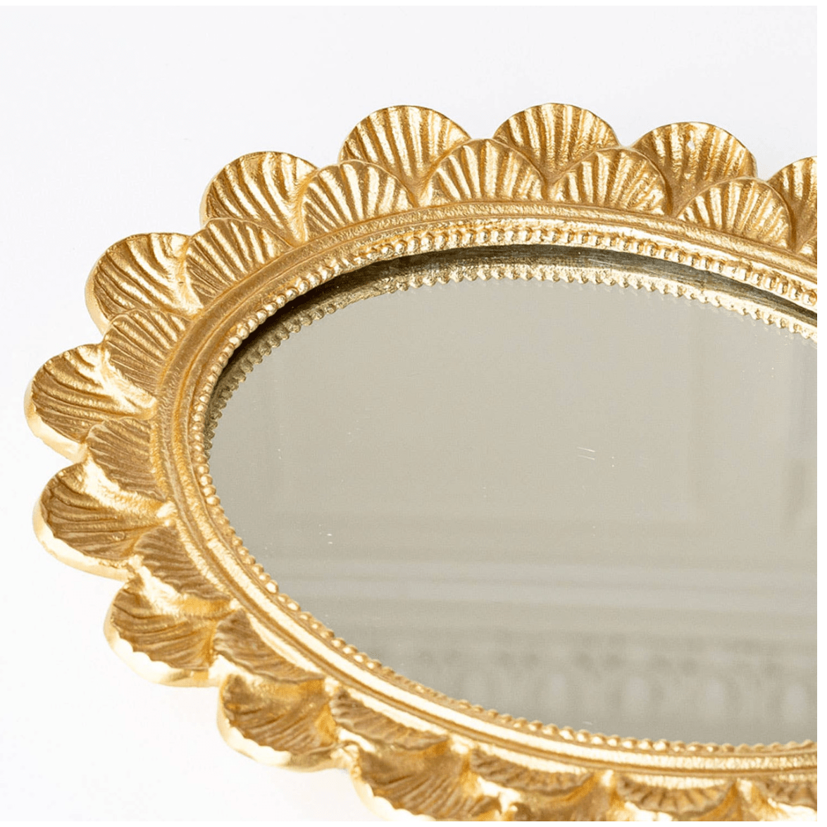 Gold Scalloped Oval Mirrored Vanity Tray - White Farmhouse Flowers