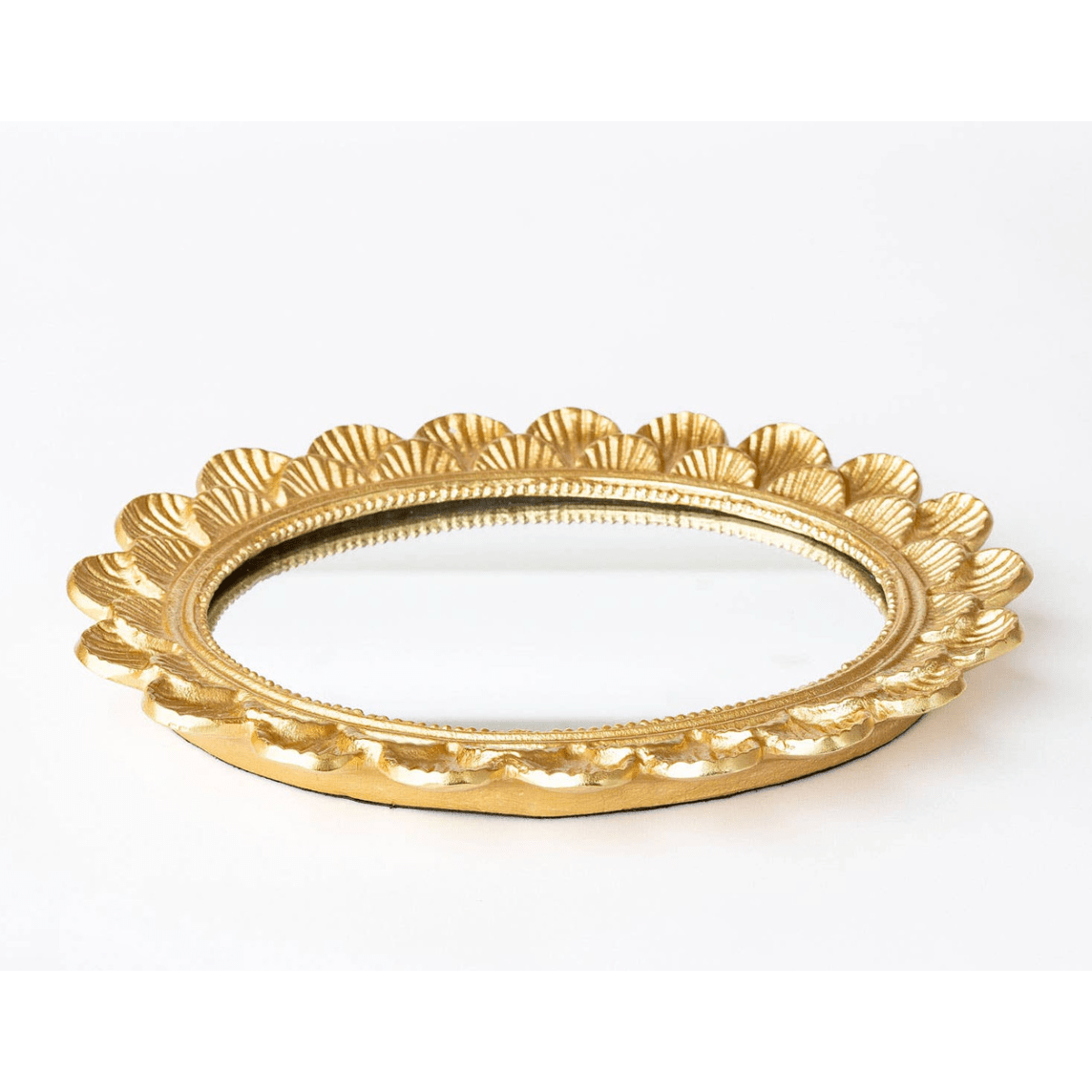 Gold Scalloped Oval Mirrored Vanity Tray - White Farmhouse Flowers
