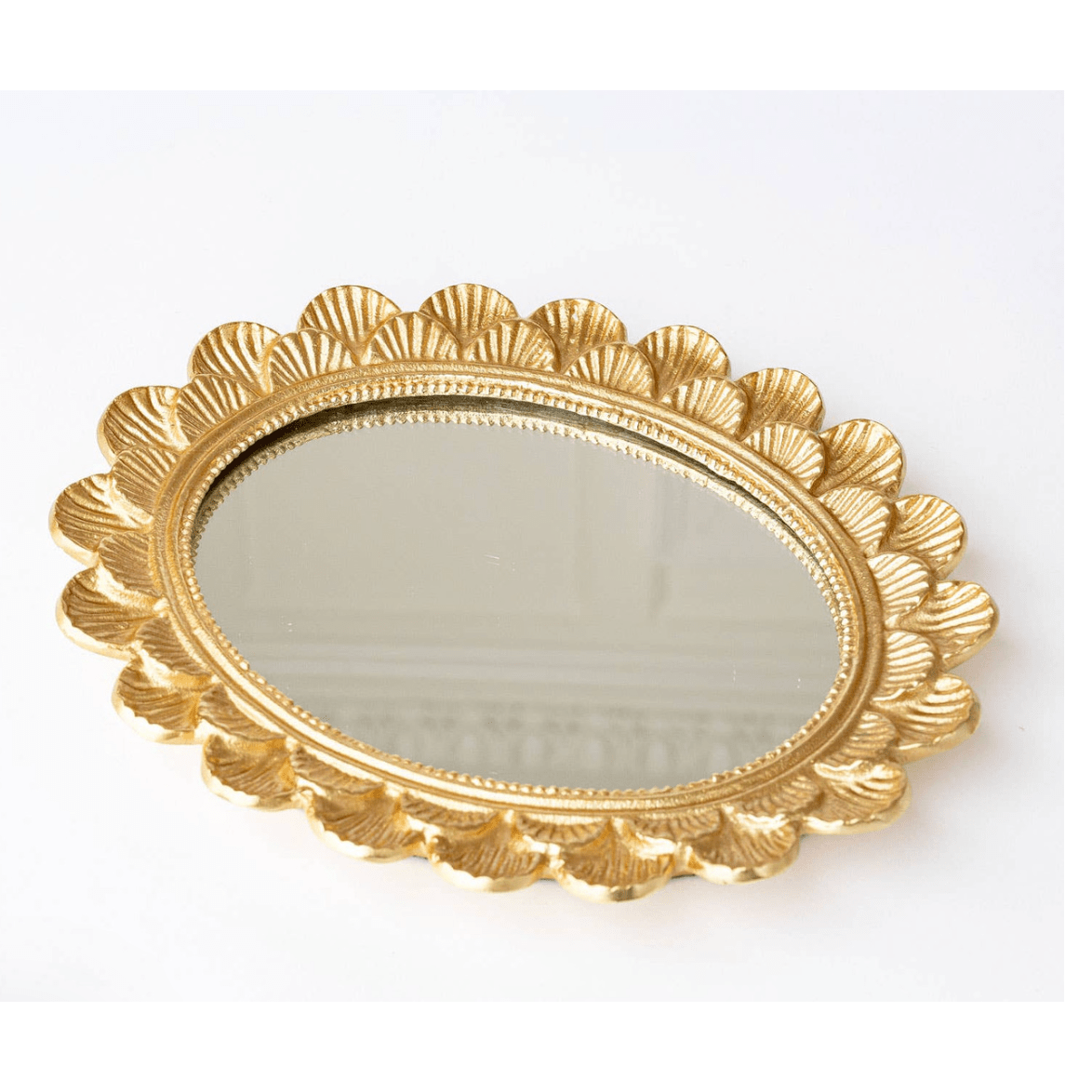 Gold Scalloped Oval Mirrored Vanity Tray - White Farmhouse Flowers