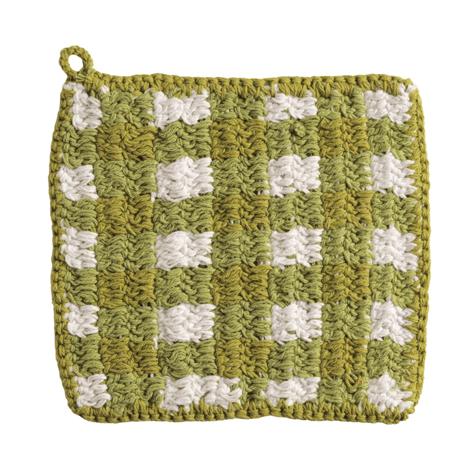 Green Check Crochet Pot Holder - White Farmhouse Flowers