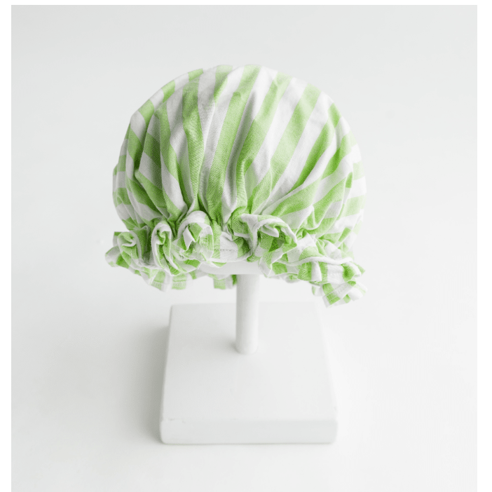 Green Striped Cabana Shower Cap - White Farmhouse Flowers