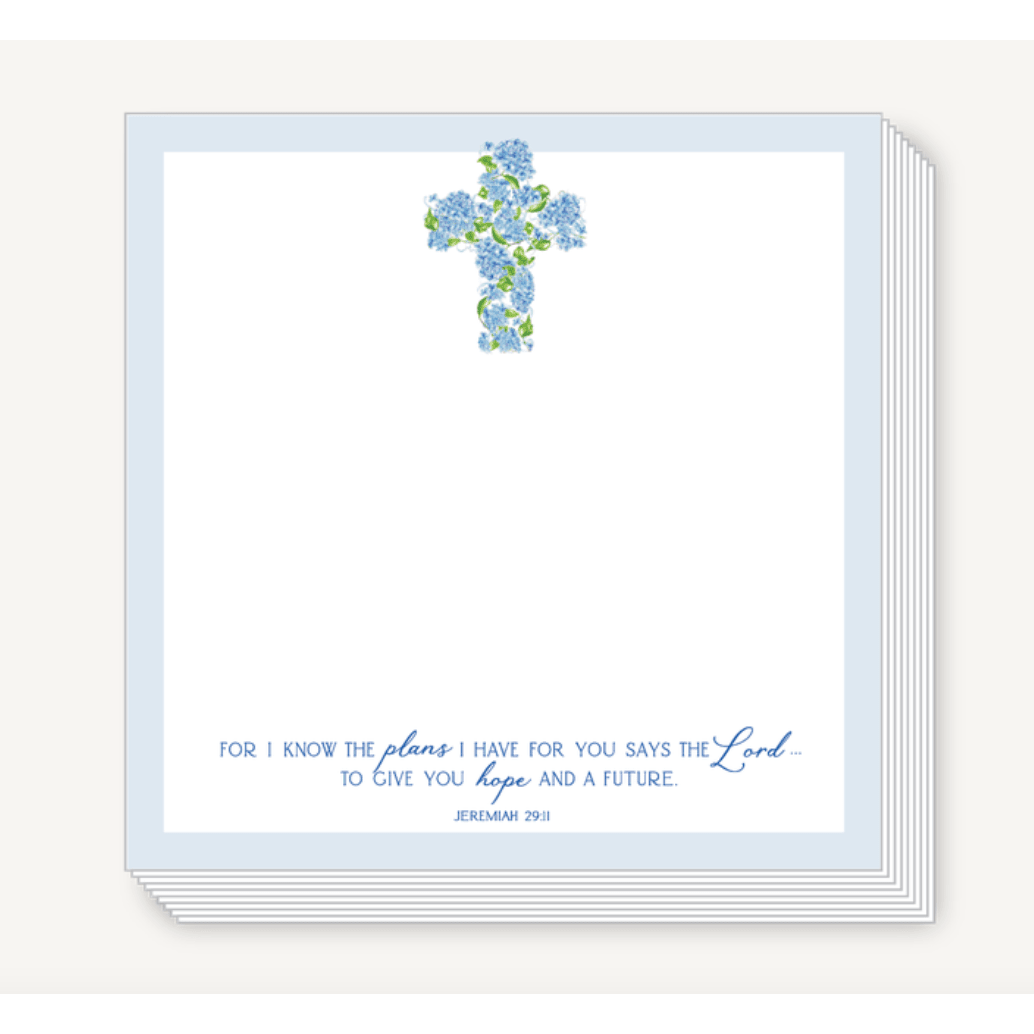 Handpainted Joy Blue Floral Cross Scripture Short Block Notepad - White Farmhouse Flowers