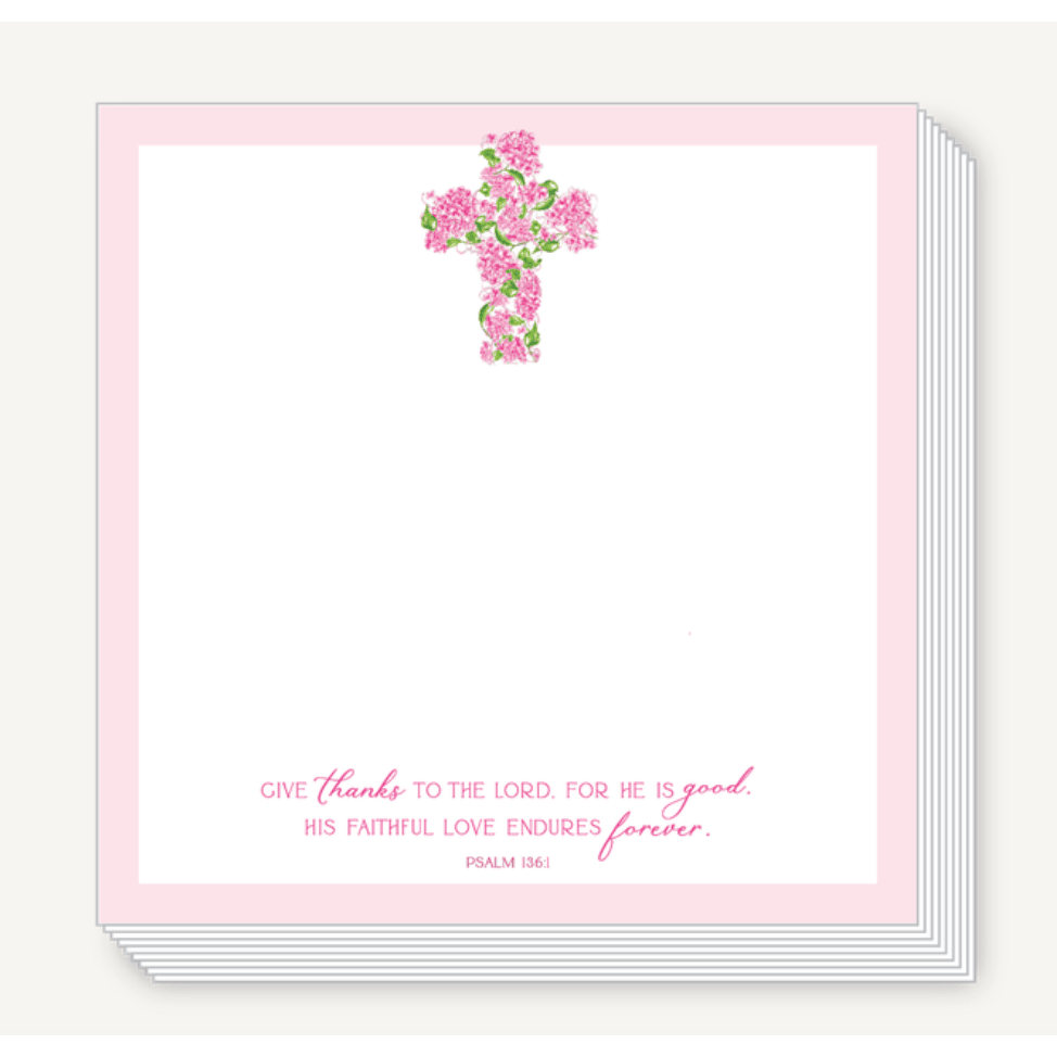 Handpainted Joy Pink Floral Cross Scripture Short Block Notepad - White Farmhouse Flowers