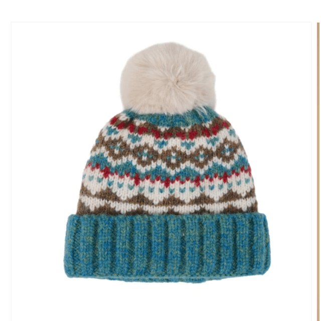 Heirloom Blue Aspen Fair Isle Pom Beanie - White Farmhouse Flowers