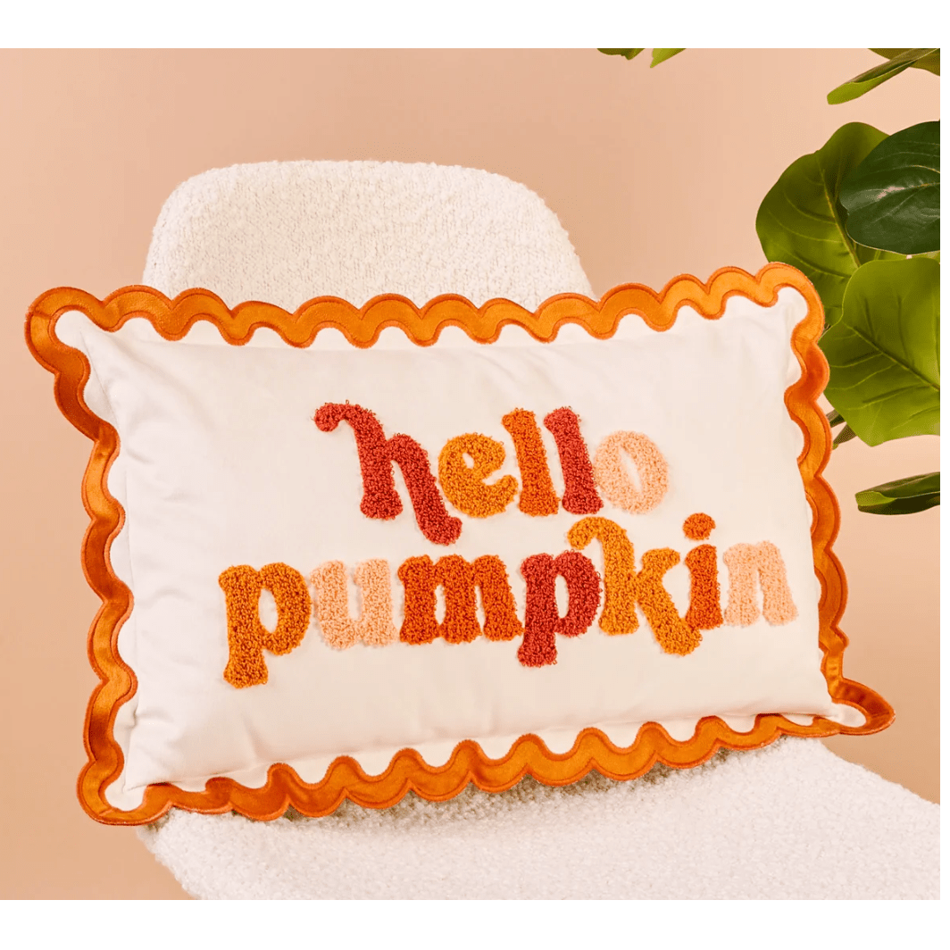 Hello Pumpkin Scalloped Rectangle Throw Pillow - White Farmhouse Flowers