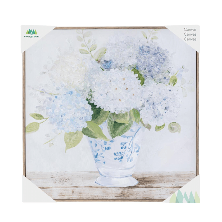 Hydrangeas in Blue and White Vase Canvas - White Farmhouse Flowers