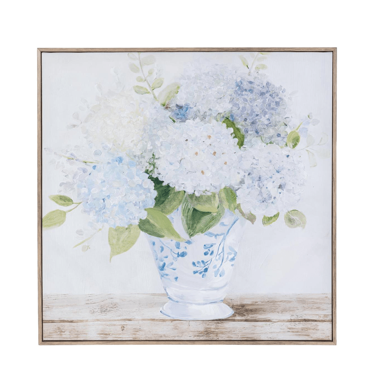 Hydrangeas in Blue and White Vase Canvas - White Farmhouse Flowers