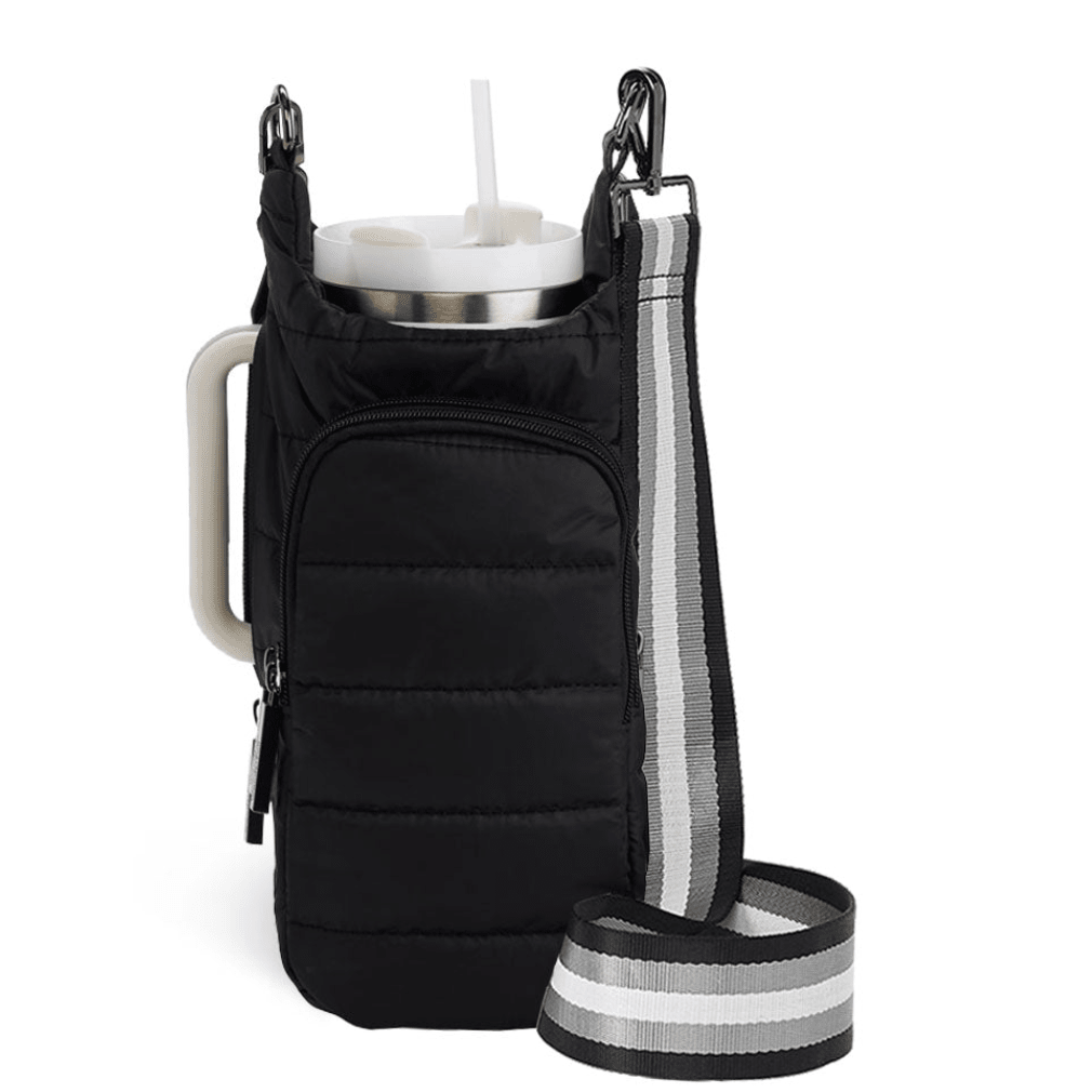HydroBag Handle Black Matte with Gray, Black, White Striped Strap - White Farmhouse Flowers
