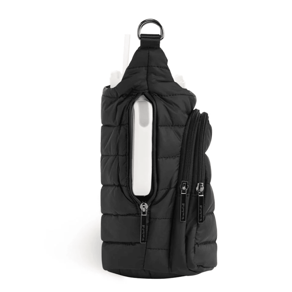 HydroBag Handle Black Matte with Gray, Black, White Striped Strap - White Farmhouse Flowers