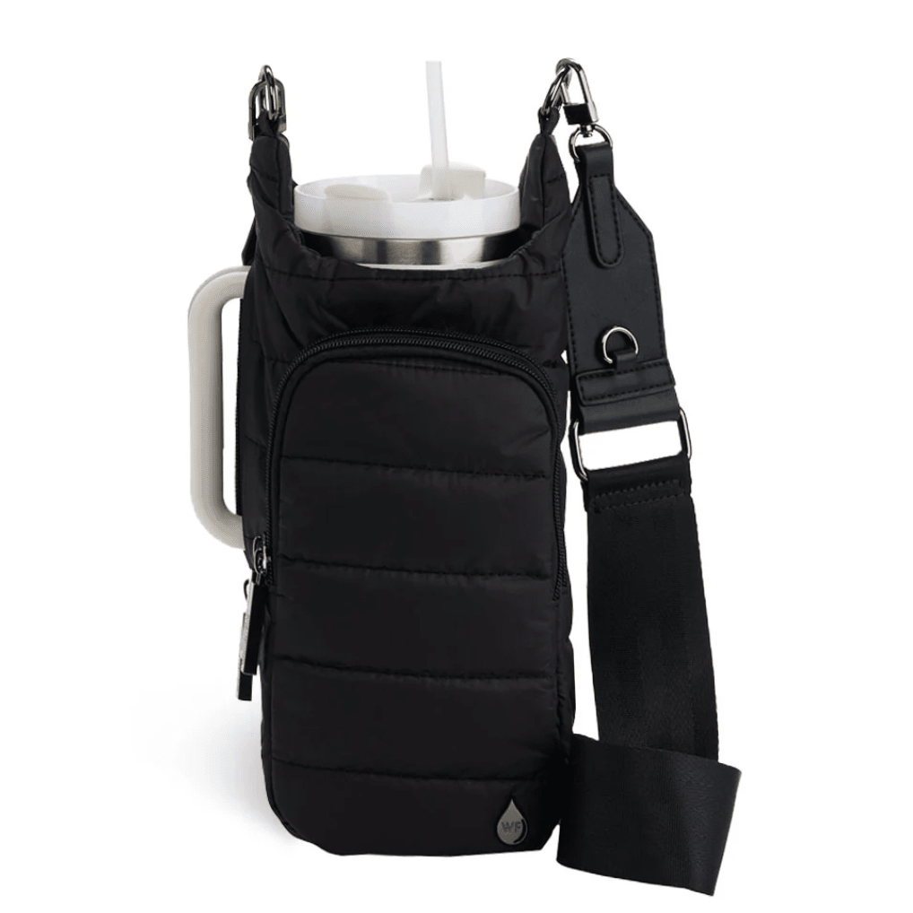 HydroBag Handle Black Matte with Vegan Leather Trimmed Strap - White Farmhouse Flowers
