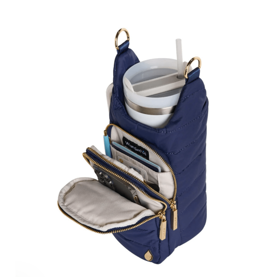 HydroBag Handle Navy Matte with Solid Vegan Strap - White Farmhouse Flowers