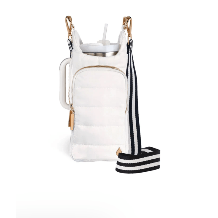 HydroBag HANDLE® -White Ripstop with Black and White Striped Strap - White Farmhouse Flowers