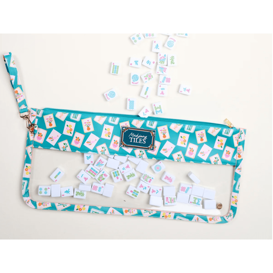 It's Mahj Time Teal Mahjong Tile Keeper Pouch - White Farmhouse Flowers