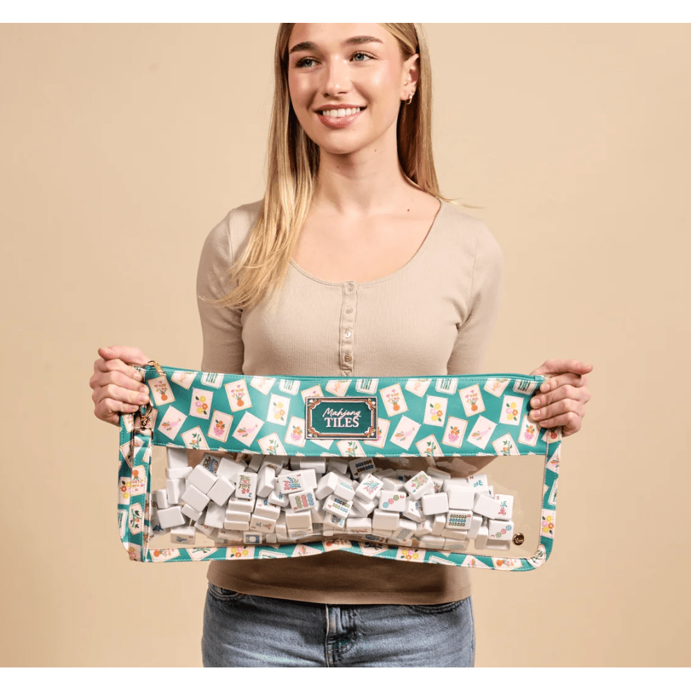 It's Mahj Time Teal Mahjong Tile Keeper Pouch - White Farmhouse Flowers