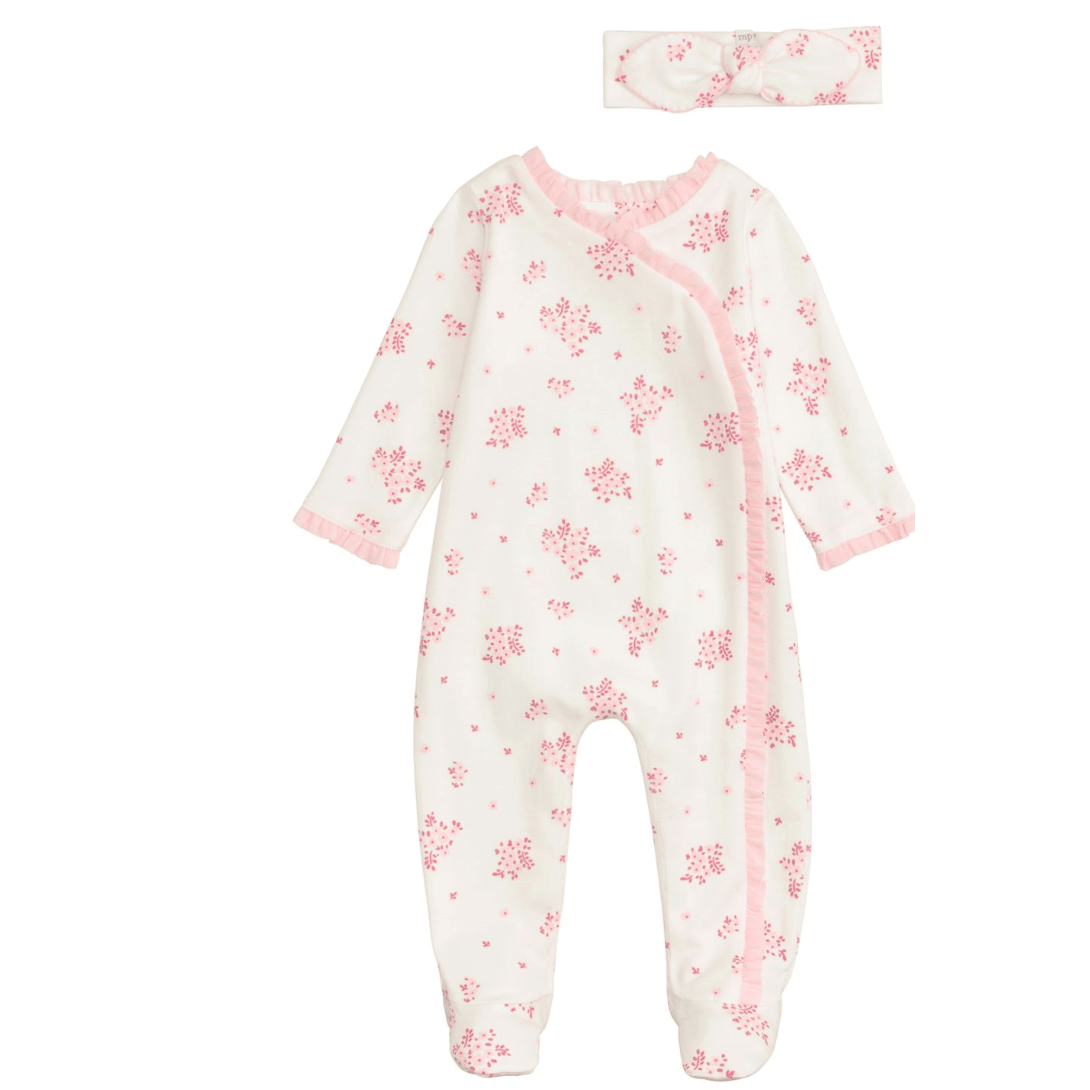 Ivory Floral Blossom Sleeper with Headband - White Farmhouse Flowers