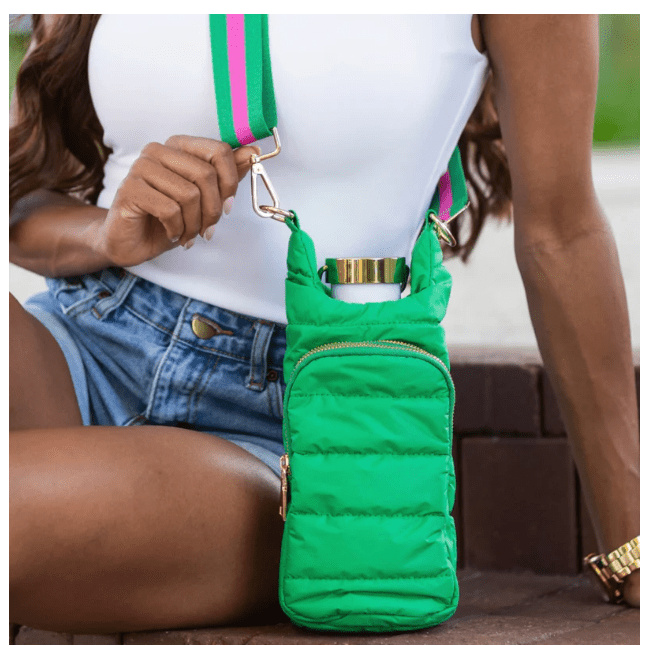 Kelly Green Matte HydroBag® with Pink and Green Strap - White Farmhouse Flowers