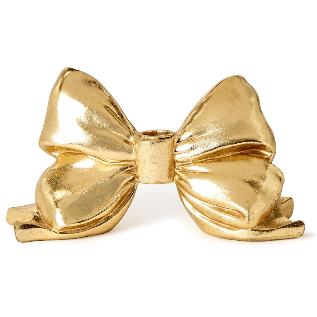 Large Gold Bow Taper Candleholder - White Farmhouse Flowers