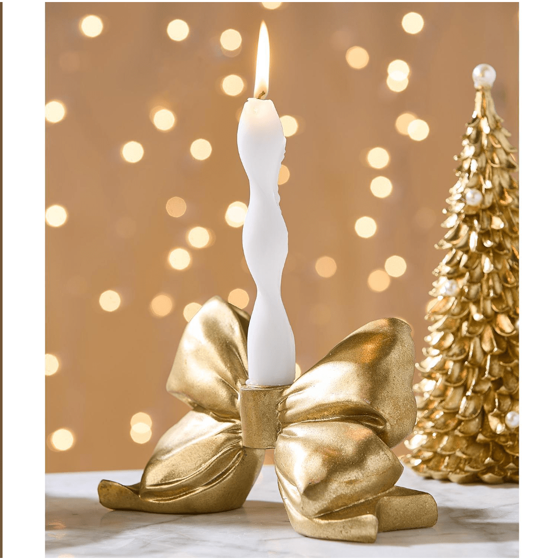 Large Gold Bow Taper Candleholder - White Farmhouse Flowers