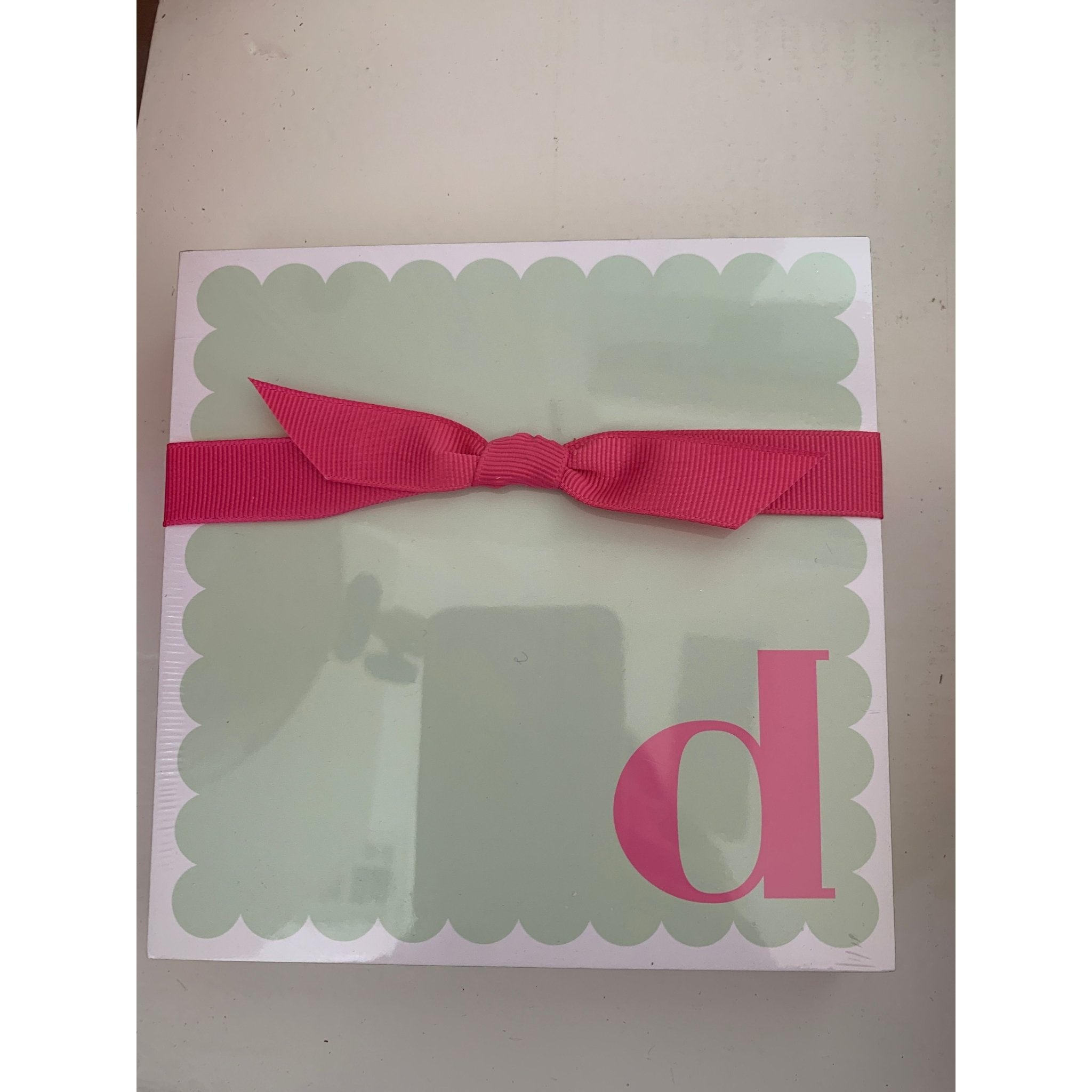 Letter D Scalloped Notepad with Pink Ribbon - White Farmhouse Flowers