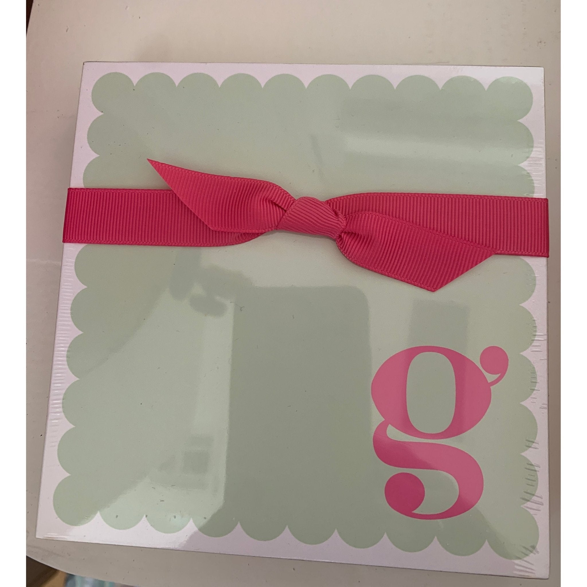 Letter G Scalloped Notepad with Pink Ribbon - White Farmhouse Flowers