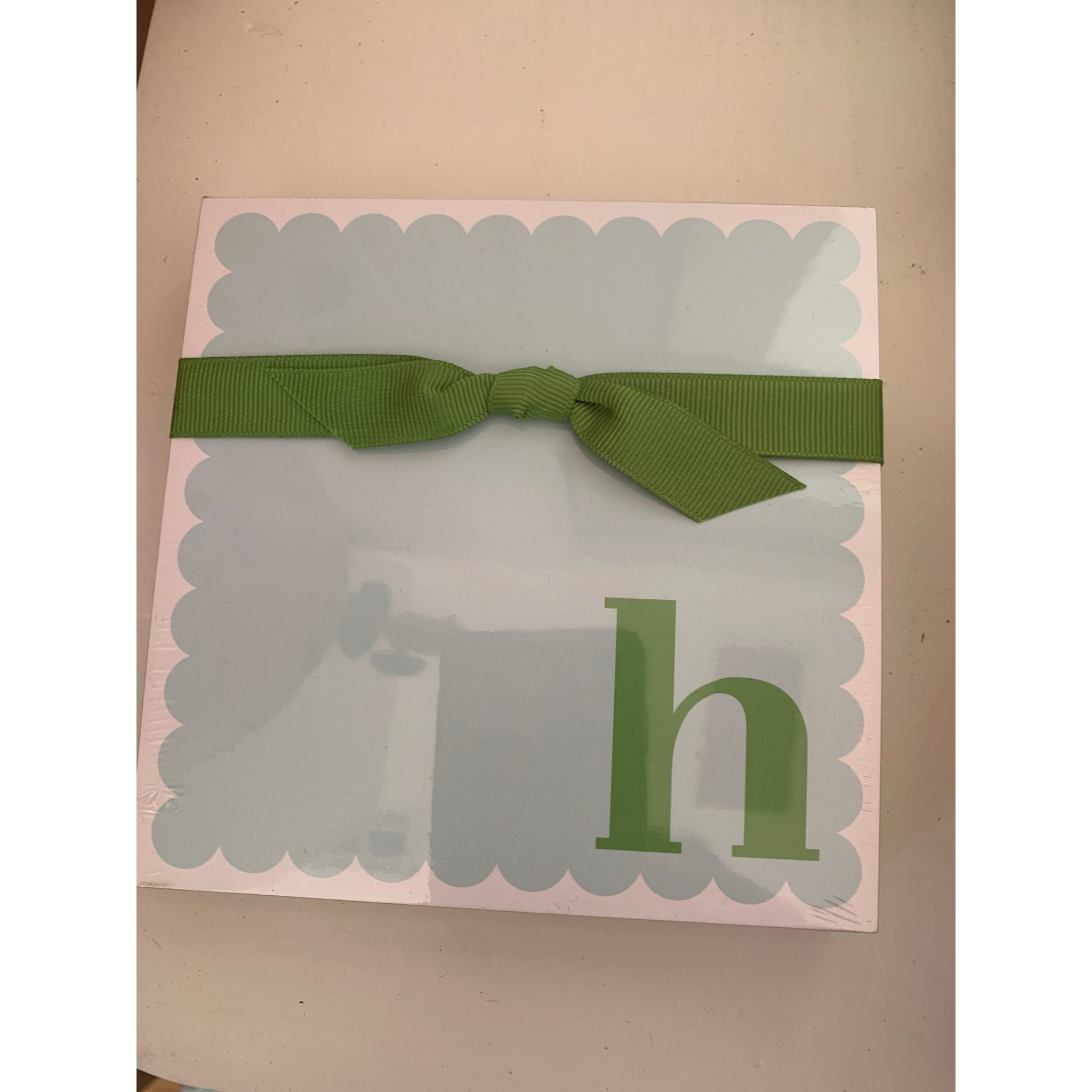 Letter H Scalloped Notepad with Green Ribbon - White Farmhouse Flowers