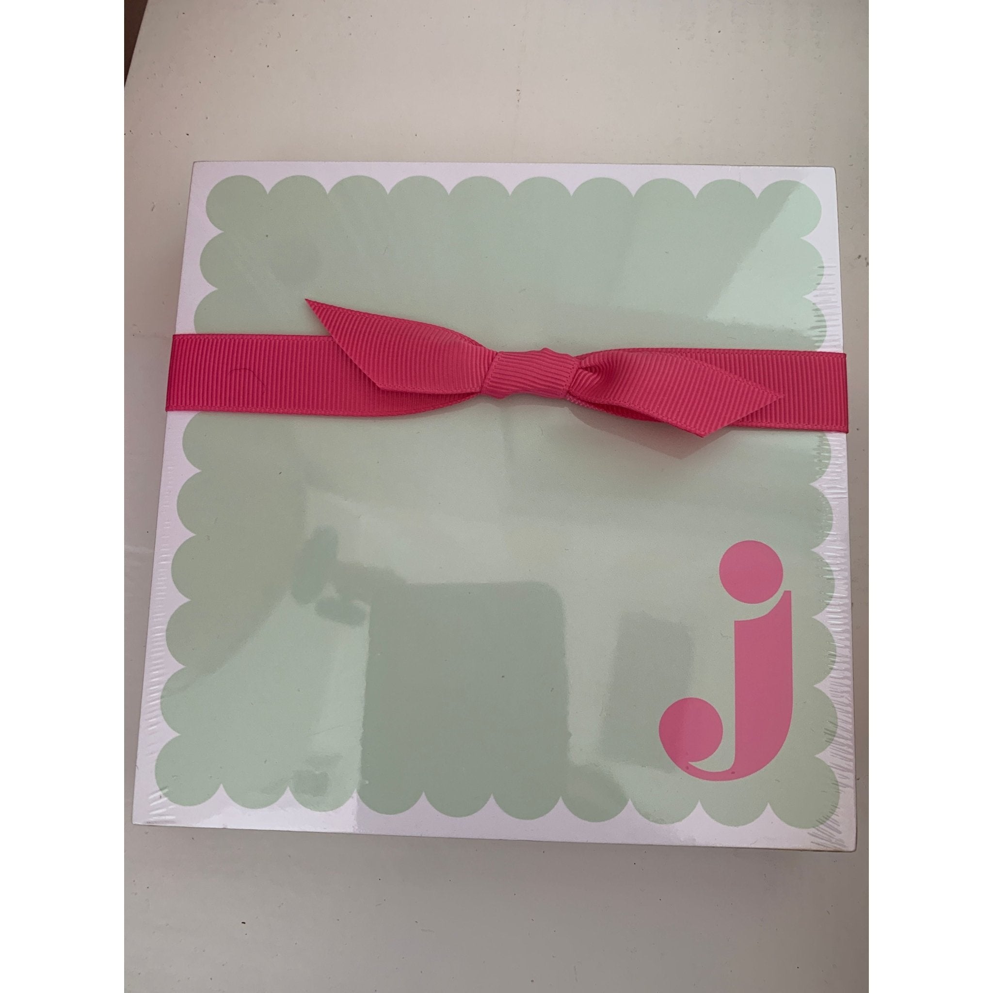 Letter J Scalloped Notepad with Pink Ribbon - White Farmhouse Flowers