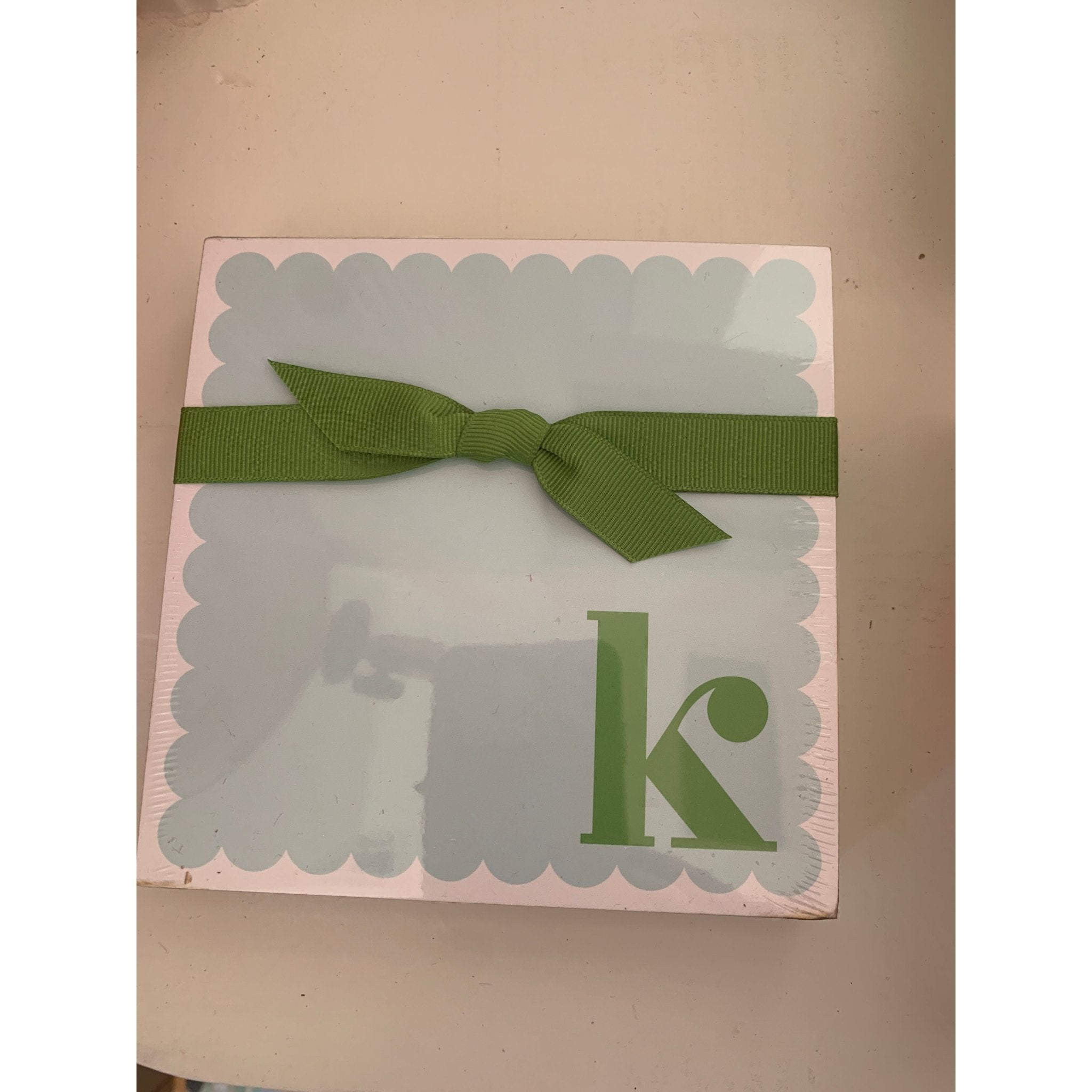 Letter K Scalloped Notepad with Green Ribbon - White Farmhouse Flowers