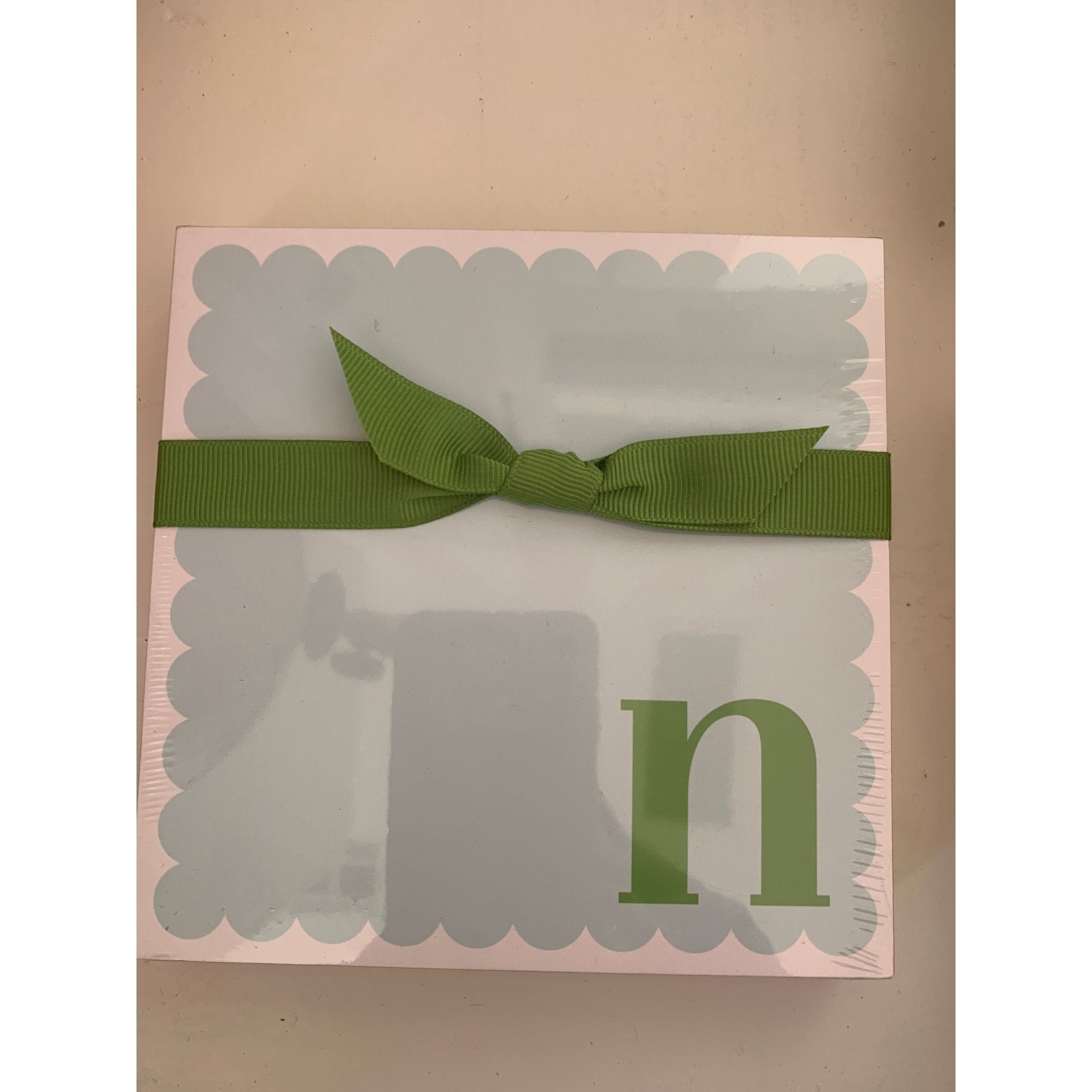 Letter N Scalloped Notepad with Green Ribbon - White Farmhouse Flowers
