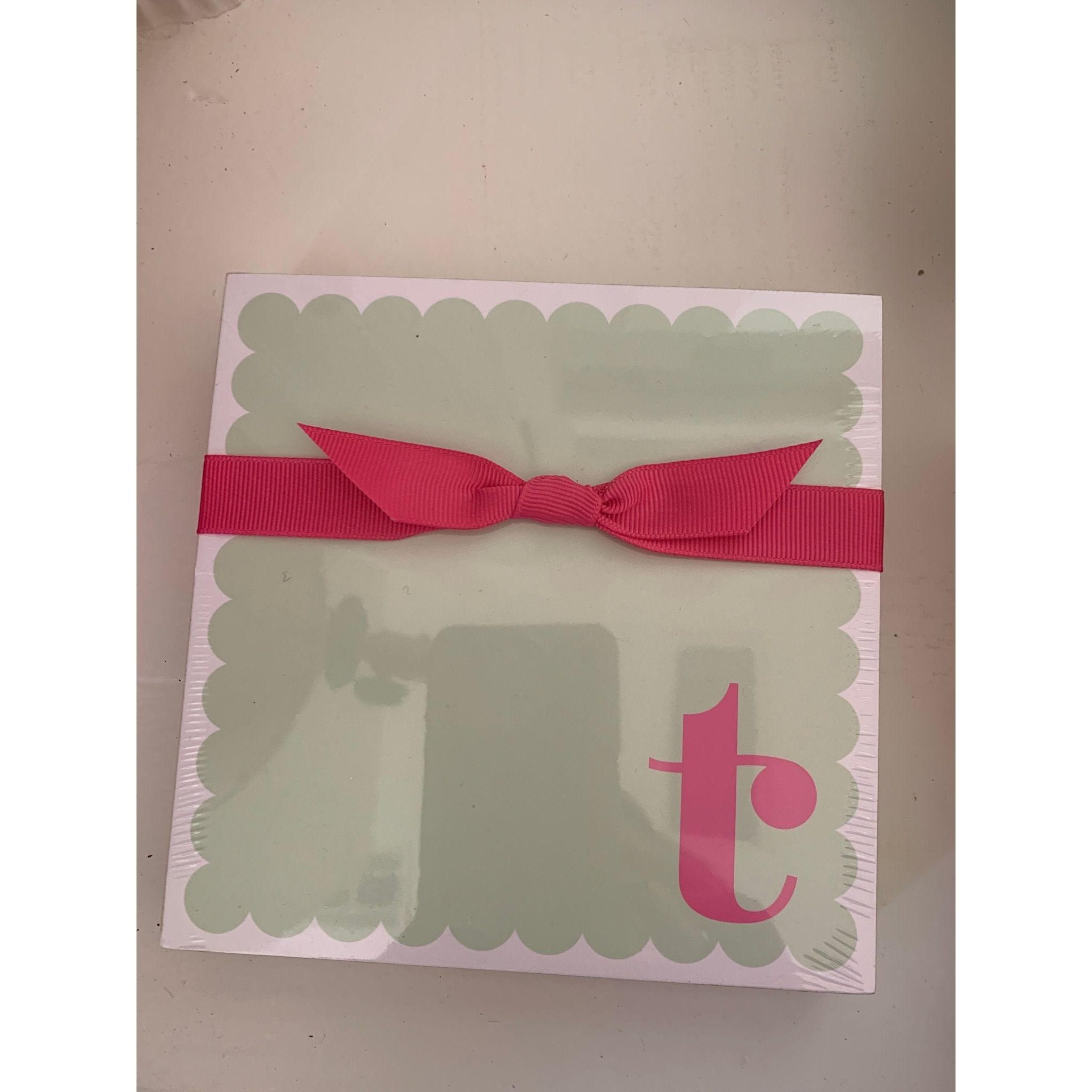 Letter T Scalloped Notepad with Pink Ribbon - White Farmhouse Flowers