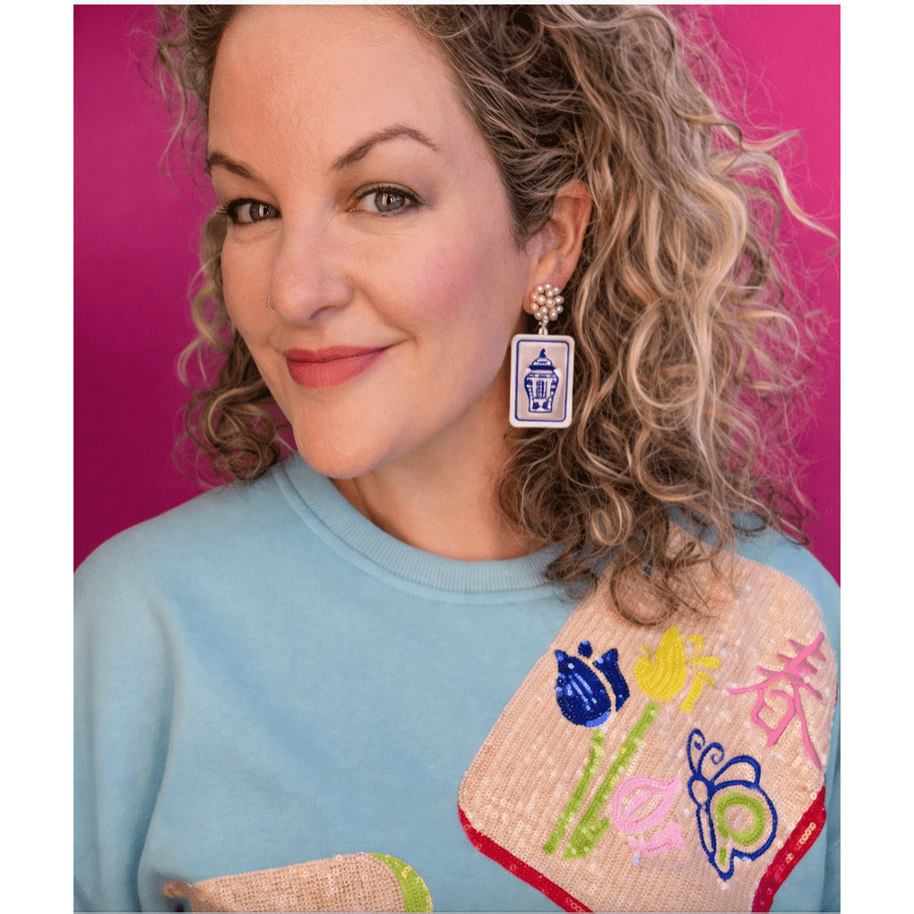 Mahjong Earrings-Blue and White Ginger Jar - White Farmhouse Flowers