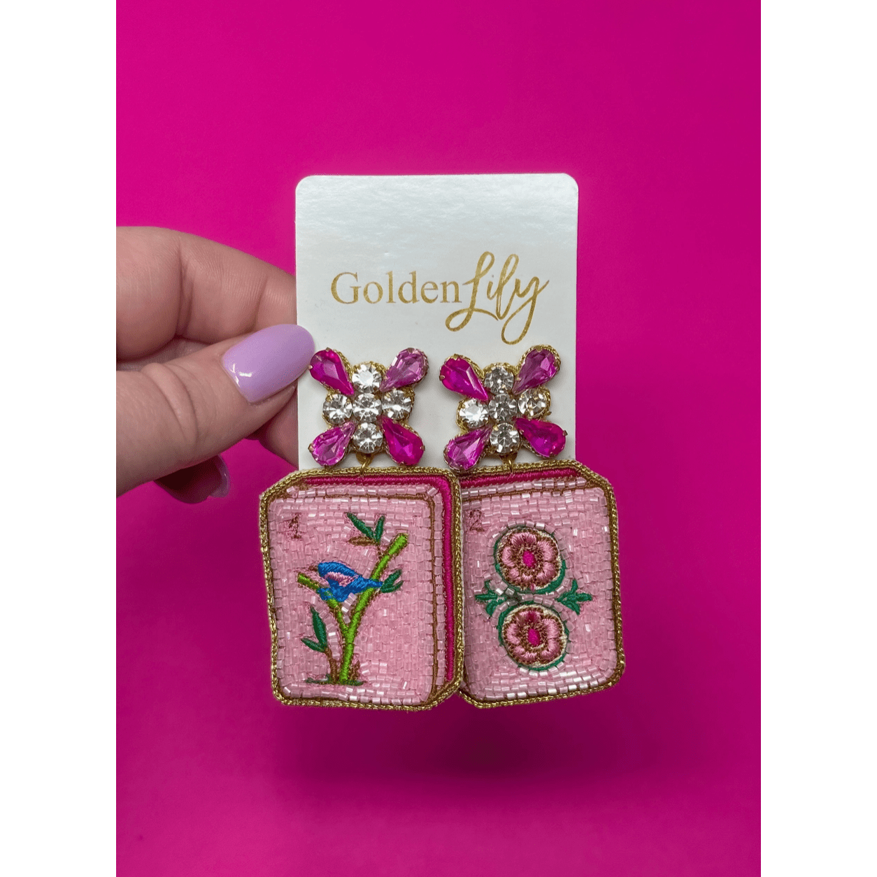 Mahjong Tile Earrings - White Farmhouse Flowers
