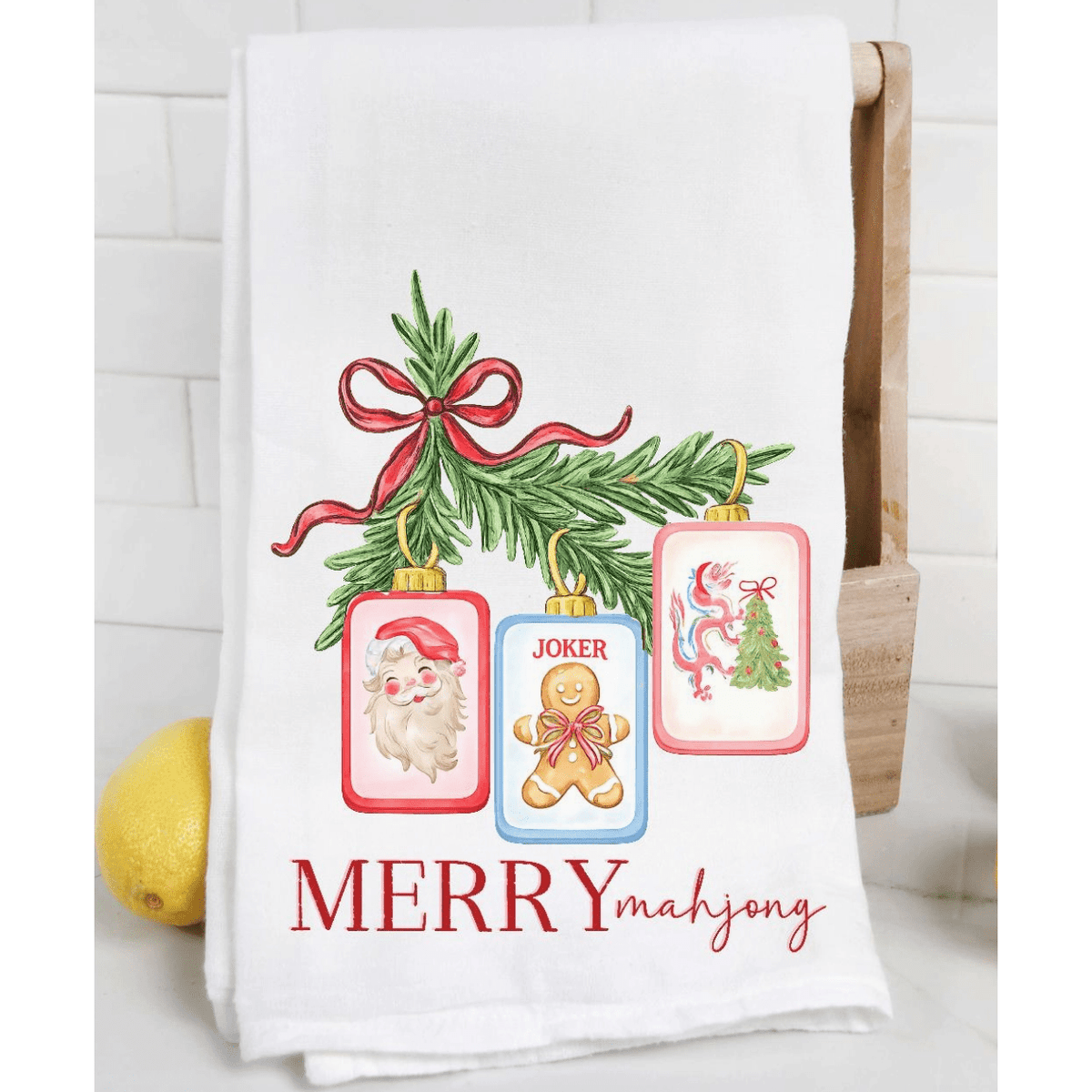 Merry Mahjong Christmas Tile Swag Tea Towel - White Farmhouse Flowers
