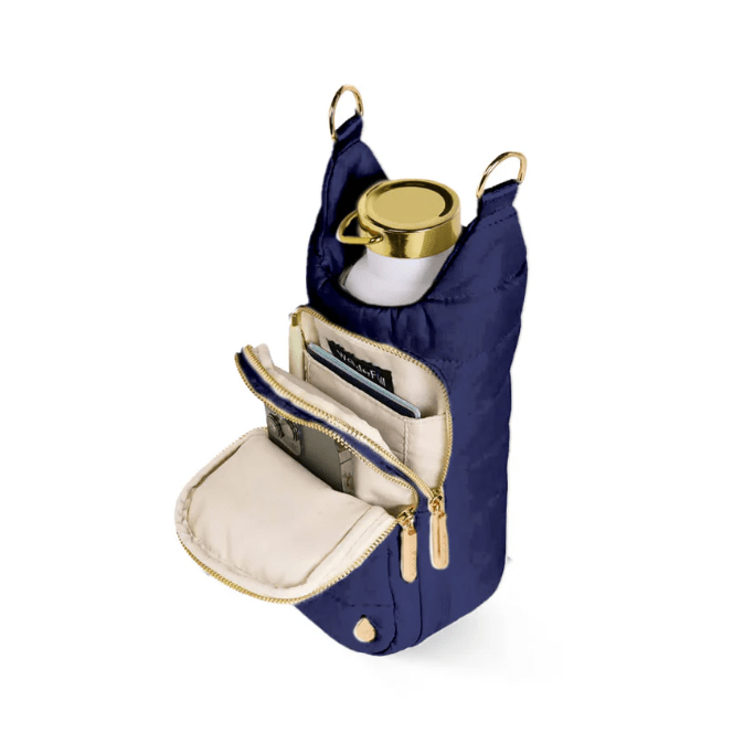 Navy Blue Matte HydroBag® with Red, White, Navy striped Strap - White Farmhouse Flowers