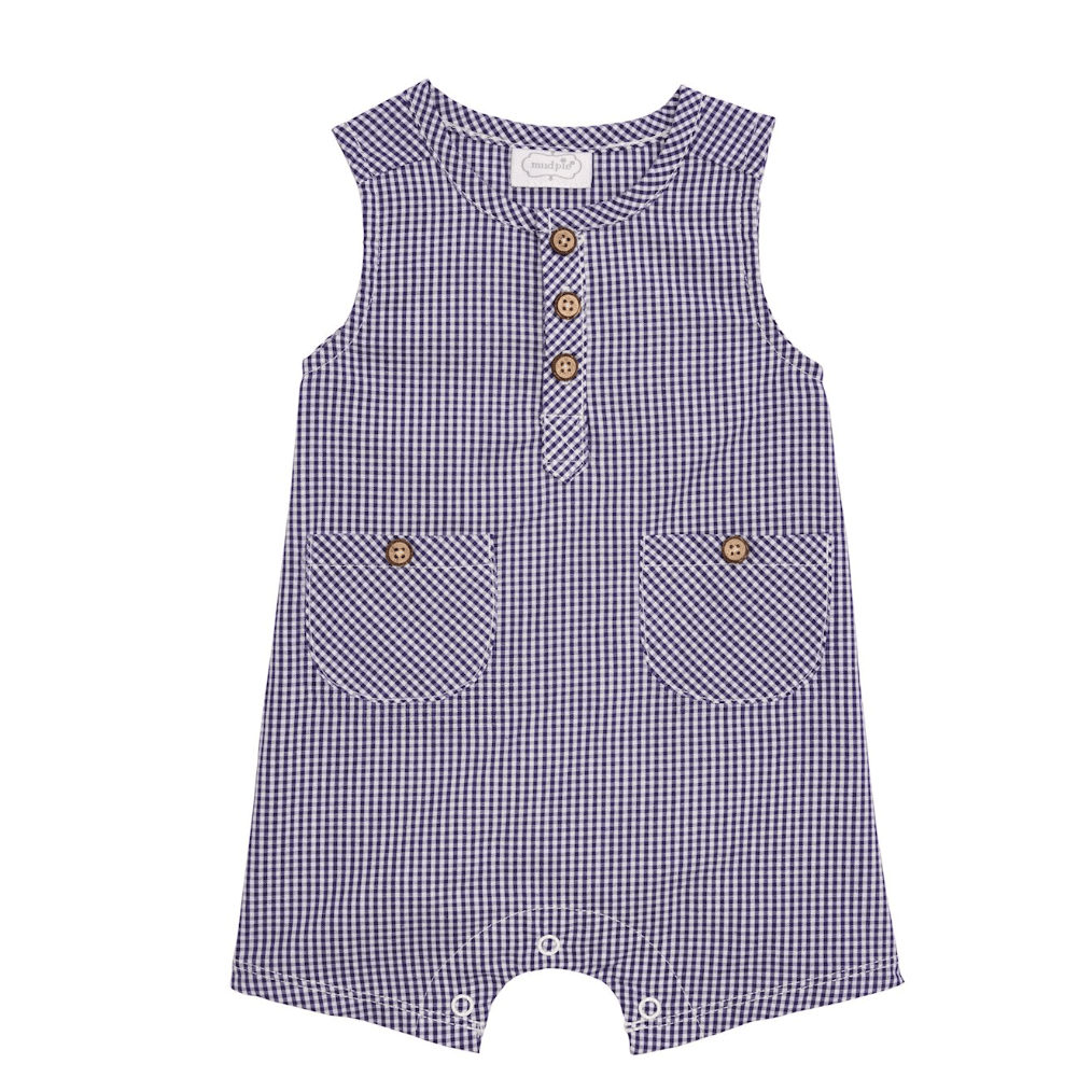 Navy Gingham Romper - White Farmhouse Flowers