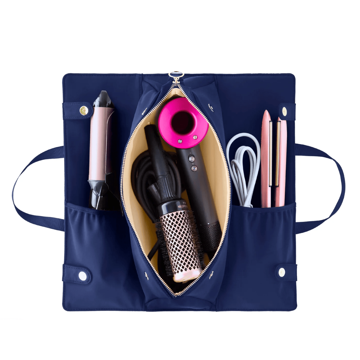 Navy with Khaki Interior Hair Tool Bag - White Farmhouse Flowers